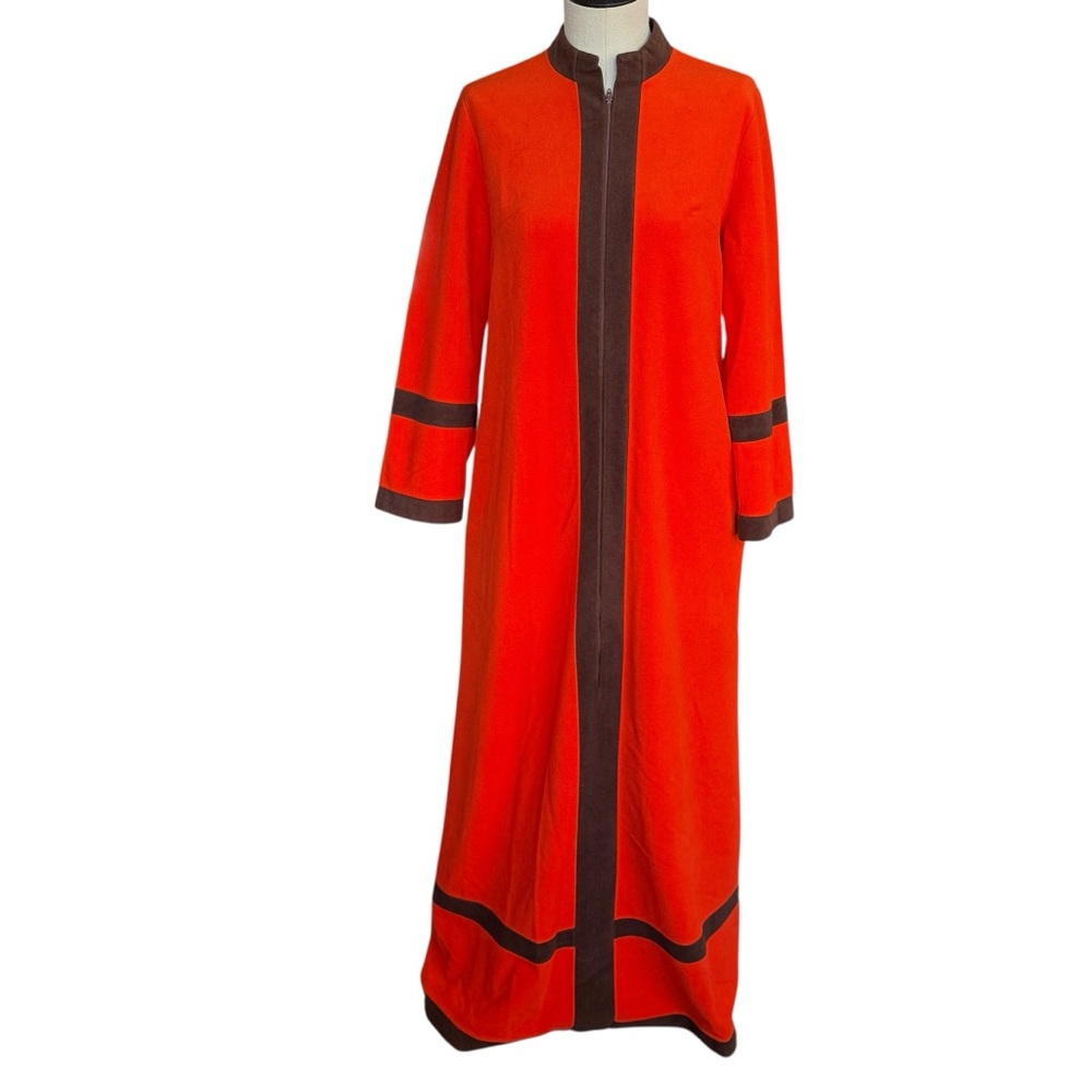 Vintage 60s 70s Mod Maxi Coat Red Orange Brown Color Block Zip Front Wendy Read
